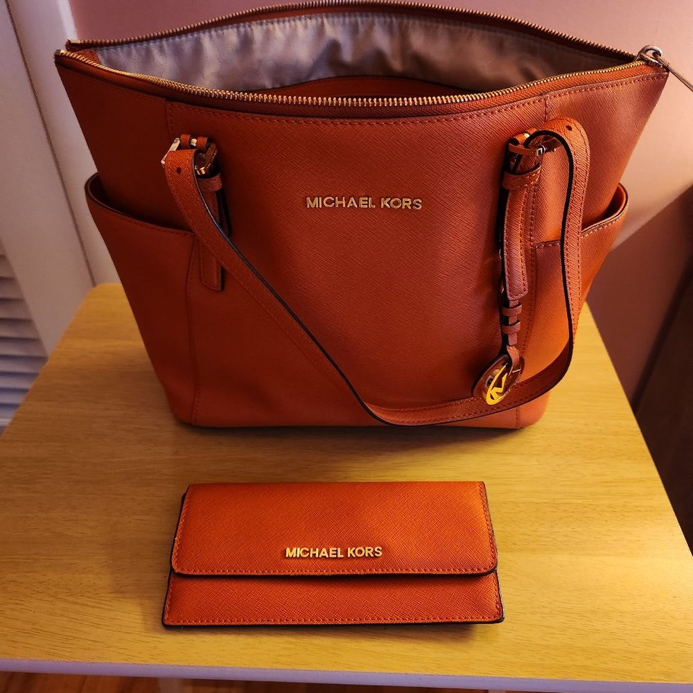 Michael Kors Marilyn Medium Saffiano Leather Tote Bag with Wallet, Orange